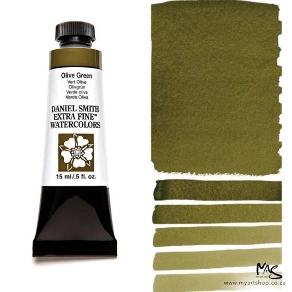 A tube of Olive Green S1 Daniel Smith Watercolour Paint is shown in the frame, to the left hand side of the frame vertically. The tube has a black plastic cap and a black base. The center of the tube is white and there is a colour band at the top of the tube, below the cap, that indicates the colour of the paint. There is black text on the front of the tube with the brand name and logo. To the right of the tube is a colour swatch which was made using the paint. In the colour swatch, you can see the paint undiluted and in a diluted form. The image is on a white background and is center of the frame.