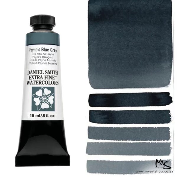 A tube of Payne's Blue Gray S1 Daniel Smith Watercolour Paint is shown in the frame, to the left hand side of the frame vertically. The tube has a black plastic cap and a black base. The center of the tube is white and there is a colour band at the top of the tube, below the cap, that indicates the colour of the paint. There is black text on the front of the tube with the brand name and logo. To the right of the tube is a colour swatch which was made using the paint. In the colour swatch, you can see the paint undiluted and in a diluted form. The image is on a white background and is center of the frame.