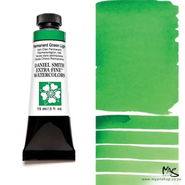 A tube of Permanent Green Light S1 Daniel Smith Watercolour Paint is shown in the frame, to the left hand side of the frame vertically. The tube has a black plastic cap and a black base. The center of the tube is white and there is a colour band at the top of the tube, below the cap, that indicates the colour of the paint. There is black text on the front of the tube with the brand name and logo. To the right of the tube is a colour swatch which was made using the paint. In the colour swatch, you can see the paint undiluted and in a diluted form. The image is on a white background and is center of the frame.