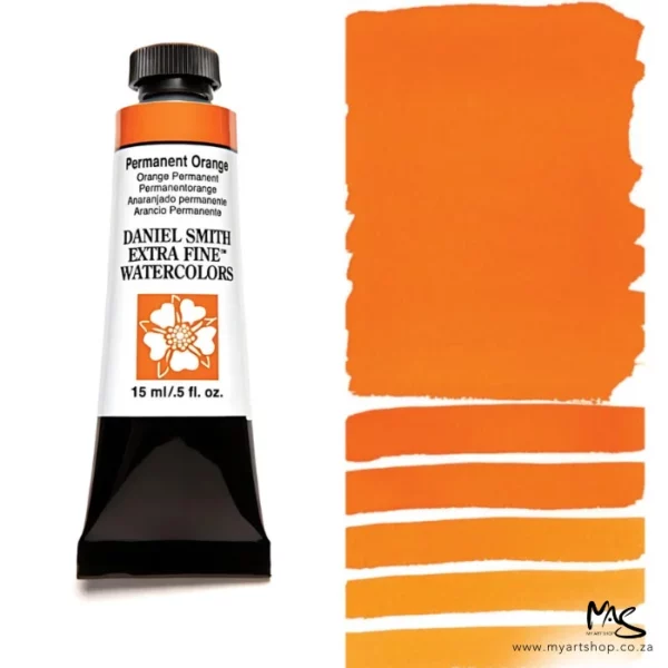 A tube of Permanent Orange S3 Daniel Smith Watercolour Paint is shown in the frame, to the left hand side of the frame vertically. The tube has a black plastic cap and a black base. The center of the tube is white and there is a colour band at the top of the tube, below the cap, that indicates the colour of the paint. There is black text on the front of the tube with the brand name and logo. To the right of the tube is a colour swatch which was made using the paint. In the colour swatch, you can see the paint undiluted and in a diluted form. The image is on a white background and is center of the frame.
