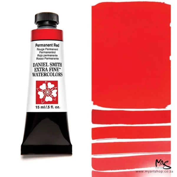 A tube of Permanent Red S1 Daniel Smith Watercolour Paint is shown in the frame, to the left hand side of the frame vertically. The tube has a black plastic cap and a black base. The center of the tube is white and there is a colour band at the top of the tube, below the cap, that indicates the colour of the paint. There is black text on the front of the tube with the brand name and logo. To the right of the tube is a colour swatch which was made using the paint. In the colour swatch, you can see the paint undiluted and in a diluted form. The image is on a white background and is center of the frame.