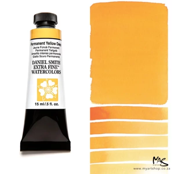 A tube of Permanent Yellow Deep S2 Daniel Smith Watercolour Paint is shown in the frame, to the left hand side of the frame vertically. The tube has a black plastic cap and a black base. The center of the tube is white and there is a colour band at the top of the tube, below the cap, that indicates the colour of the paint. There is black text on the front of the tube with the brand name and logo. To the right of the tube is a colour swatch which was made using the paint. In the colour swatch, you can see the paint undiluted and in a diluted form. The image is on a white background and is center of the frame.