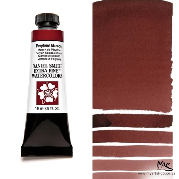 A tube of Perylene Maroon S3 Daniel Smith Watercolour Paint is shown in the frame, to the left hand side of the frame vertically. The tube has a black plastic cap and a black base. The center of the tube is white and there is a colour band at the top of the tube, below the cap, that indicates the colour of the paint. There is black text on the front of the tube with the brand name and logo. To the right of the tube is a colour swatch which was made using the paint. In the colour swatch, you can see the paint undiluted and in a diluted form. The image is on a white background and is center of the frame.