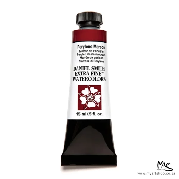A tube of Perylene Maroon S3 Daniel Smith Watercolour Paint is shown in the center of the frame. The tube has a black plastic cap and a black base. The center of the tube is white and there is a colour band at the top of the tube, below the cap, that indicates the colour of the paint. There is black text on the front of the tube with the brand name and logo. The cap is facing the top of the frame. The image is center of the frame and on a white background.