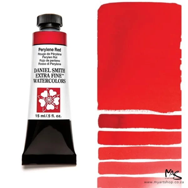 A tube of Perylene Red S3 Daniel Smith Watercolour Paint is shown in the frame, to the left hand side of the frame vertically. The tube has a black plastic cap and a black base. The center of the tube is white and there is a colour band at the top of the tube, below the cap, that indicates the colour of the paint. There is black text on the front of the tube with the brand name and logo. To the right of the tube is a colour swatch which was made using the paint. In the colour swatch, you can see the paint undiluted and in a diluted form. The image is on a white background and is center of the frame.