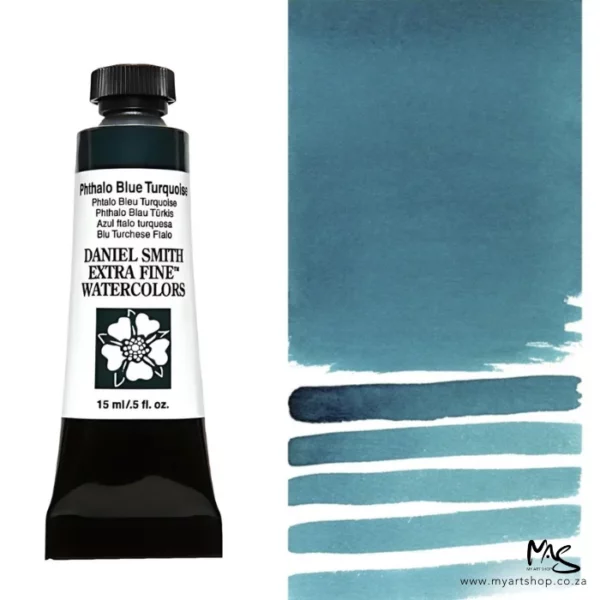 A tube of Phthalo Blue Turquoise S2 Daniel Smith Watercolour Paint is shown in the frame, to the left hand side of the frame vertically. The tube has a black plastic cap and a black base. The center of the tube is white and there is a colour band at the top of the tube, below the cap, that indicates the colour of the paint. There is black text on the front of the tube with the brand name and logo. To the right of the tube is a colour swatch which was made using the paint. In the colour swatch, you can see the paint undiluted and in a diluted form. The image is on a white background and is center of the frame.