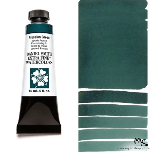 A tube of Prussian Green S1 Daniel Smith Watercolour Paint is shown in the frame, to the left hand side of the frame vertically. The tube has a black plastic cap and a black base. The center of the tube is white and there is a colour band at the top of the tube, below the cap, that indicates the colour of the paint. There is black text on the front of the tube with the brand name and logo. To the right of the tube is a colour swatch which was made using the paint. In the colour swatch, you can see the paint undiluted and in a diluted form. The image is on a white background and is center of the frame.