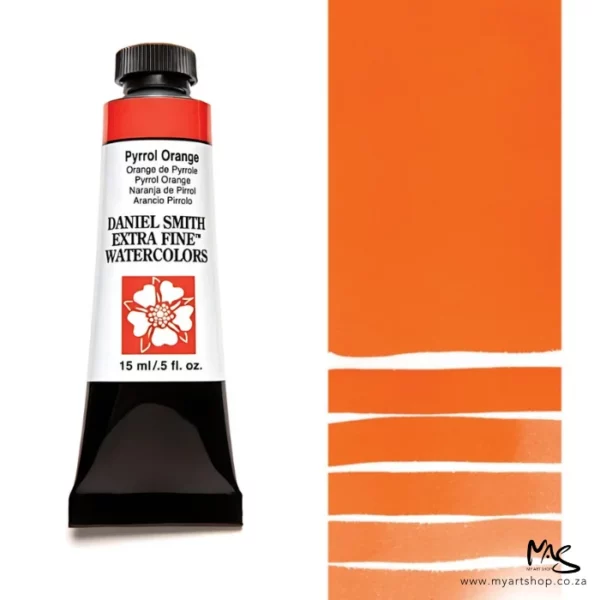 A tube of Pyrrol Orange S2 Daniel Smith Watercolour Paint is shown in the frame, to the left hand side of the frame vertically. The tube has a black plastic cap and a black base. The center of the tube is white and there is a colour band at the top of the tube, below the cap, that indicates the colour of the paint. There is black text on the front of the tube with the brand name and logo. To the right of the tube is a colour swatch which was made using the paint. In the colour swatch, you can see the paint undiluted and in a diluted form. The image is on a white background and is center of the frame.