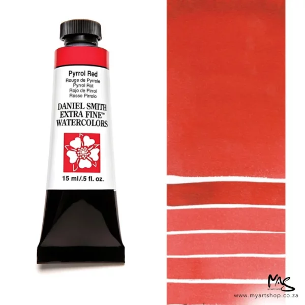 A tube of Pyrrol Red S3 Daniel Smith Watercolour Paint is shown in the frame, to the left hand side of the frame vertically. The tube has a black plastic cap and a black base. The center of the tube is white and there is a colour band at the top of the tube, below the cap, that indicates the colour of the paint. There is black text on the front of the tube with the brand name and logo. To the right of the tube is a colour swatch which was made using the paint. In the colour swatch, you can see the paint undiluted and in a diluted form. The image is on a white background and is center of the frame.