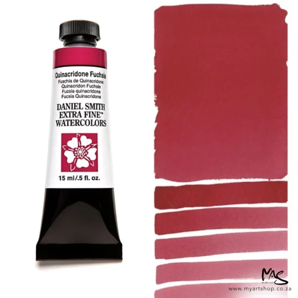 A tube of Quinacridone Fuchsia S2 Daniel Smith Watercolour Paint is shown in the frame, to the left hand side of the frame vertically. The tube has a black plastic cap and a black base. The center of the tube is white and there is a colour band at the top of the tube, below the cap, that indicates the colour of the paint. There is black text on the front of the tube with the brand name and logo. To the right of the tube is a colour swatch which was made using the paint. In the colour swatch, you can see the paint undiluted and in a diluted form. The image is on a white background and is center of the frame.