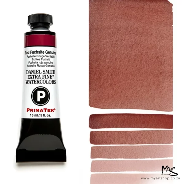 A tube of Red Fuchsite Genuine S3 Daniel Smith Watercolour Paint is shown in the frame, to the left hand side of the frame vertically. The tube has a black plastic cap and a black base. The center of the tube is white and there is a colour band at the top of the tube, below the cap, that indicates the colour of the paint. There is black text on the front of the tube with the brand name and logo. To the right of the tube is a colour swatch which was made using the paint. In the colour swatch, you can see the paint undiluted and in a diluted form. The image is on a white background and is center of the frame.