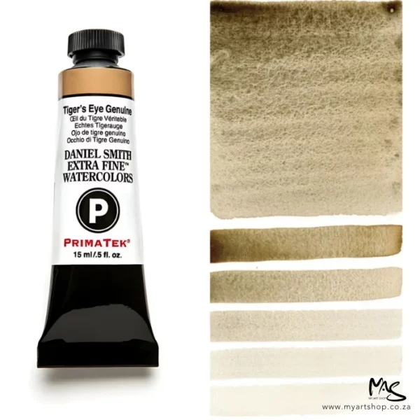A tube of Tiger's Eye Genuine S2 Daniel Smith Watercolour Paint is shown in the frame, to the left hand side of the frame vertically. The tube has a black plastic cap and a black base. The center of the tube is white and there is a colour band at the top of the tube, below the cap, that indicates the colour of the paint. There is black text on the front of the tube with the brand name and logo. To the right of the tube is a colour swatch which was made using the paint. In the colour swatch, you can see the paint undiluted and in a diluted form. The image is on a white background and is center of the frame.