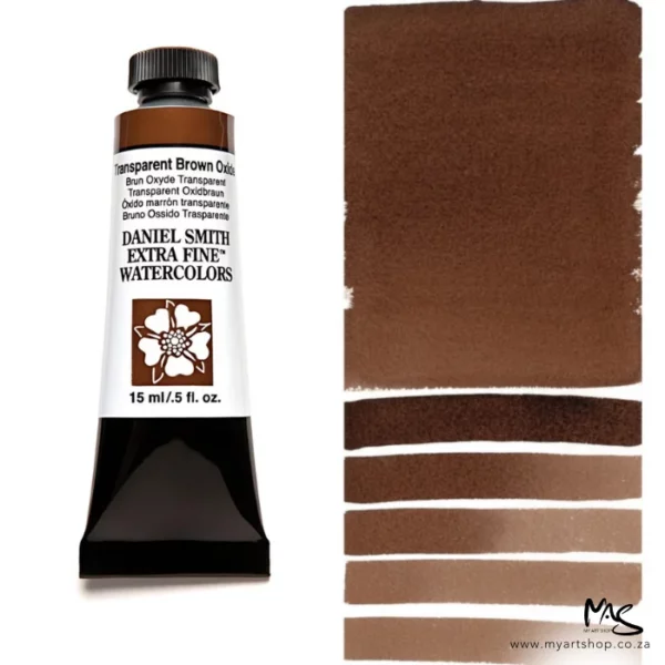 A tube of Transparent Brown Oxide S1 Daniel Smith Watercolour Paint is shown in the frame, to the left hand side of the frame vertically. The tube has a black plastic cap and a black base. The center of the tube is white and there is a colour band at the top of the tube, below the cap, that indicates the colour of the paint. There is black text on the front of the tube with the brand name and logo. To the right of the tube is a colour swatch which was made using the paint. In the colour swatch, you can see the paint undiluted and in a diluted form. The image is on a white background and is center of the frame.