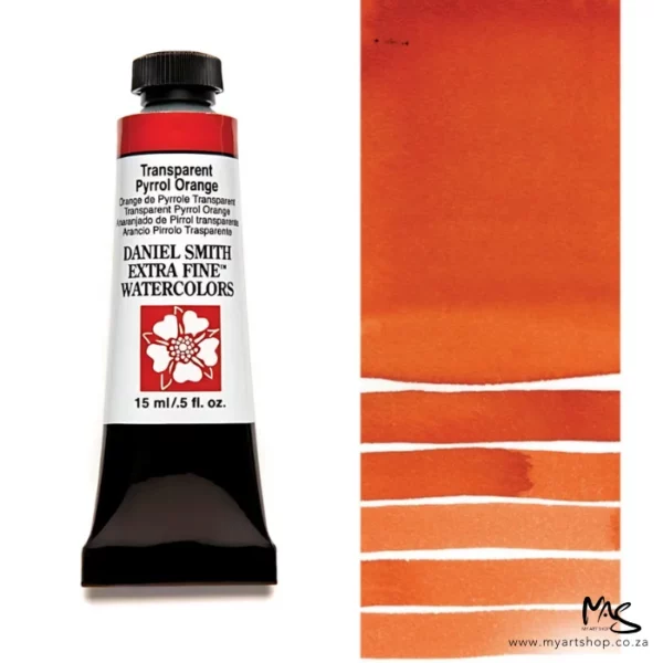 A tube of Transparent Pyrrol Orange S2 Daniel Smith Watercolour Paint is shown in the frame, to the left hand side of the frame vertically. The tube has a black plastic cap and a black base. The center of the tube is white and there is a colour band at the top of the tube, below the cap, that indicates the colour of the paint. There is black text on the front of the tube with the brand name and logo. To the right of the tube is a colour swatch which was made using the paint. In the colour swatch, you can see the paint undiluted and in a diluted form. The image is on a white background and is center of the frame.