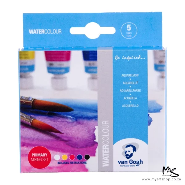 The front of a Van Gogh Watercolour Primary Set can be seen in the center of the frame. The box has an image of the paints and some paint brushes on the front and has a blue hanging tab at the top. The image is center of the frame and on a white background.