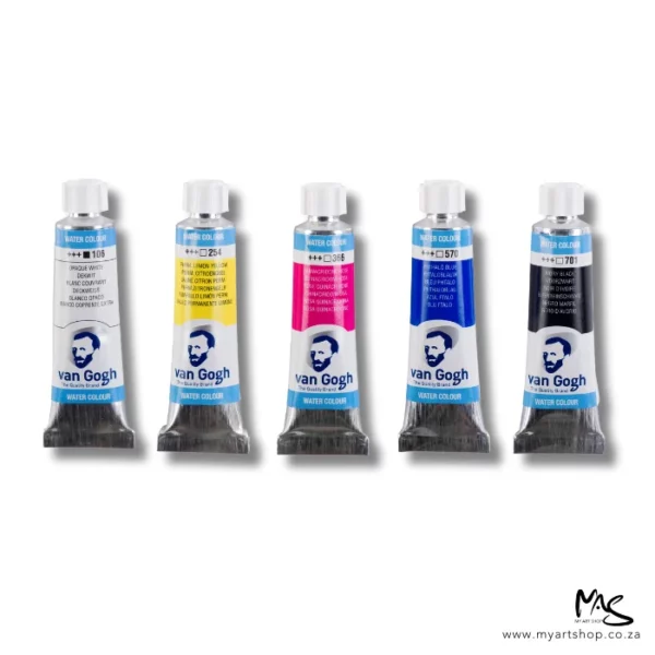 The five paints that come in the Van Gogh Watercolour Primary Set are seen standing vertically in the center of the frame. The tubes have white plastic screw on caps and labels around teh body of each tube. The label has a colour band that indicates the colour of the tube and the van gogh logo is printed on each label. The image is center of the frame and on a white background.