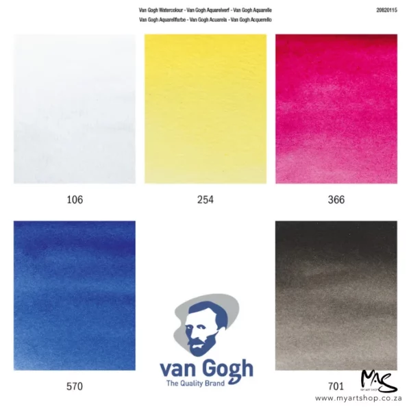 There are five colour blocks that show the colours of the paint that are available in the Van Gogh Watercolour Primary Set. The Van Gogh logo is shown at the bottom, middle of the frame.