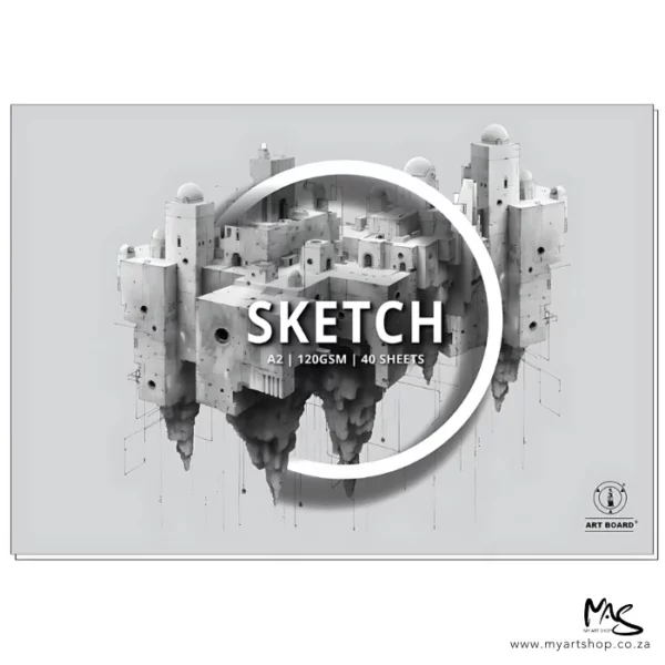 There is a single A2 Artboard Sketch Pad shown horizontally across the center of the frame. The pad is a light grey colour and has a picture of a building in the center of the pad. The word 'sketch' is printed at the center of the pad with the Artboard logo in the bottom left hand corner of the pad. The drawing is black and white pencil. The image is center of the frame and on a white background.