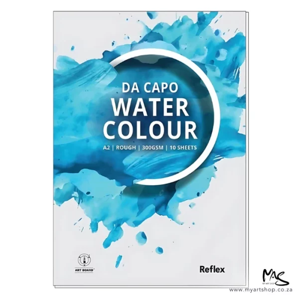 There is a single A2 Reflex Da Capo Watercolour Pad vertically in the center of the frame. The pad is white and has bright blue splashes of colour on the cover. There is a half white circle outline in the top center of the pad, with the words 'Da Capo Water colour' inside the circle. The image is center of the frame and on a white background.