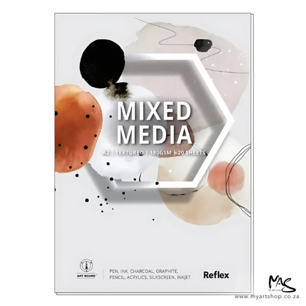 A single A2 Reflex Mixed Media Pad is shown vertically in the center of the frame. The pad is portrait. The pad is white with some black and orange round shapes with a hexagon in the center of the frame around the words 'Mixed Media' It is an abstract cover. The pad is center of the frame and on a white background.