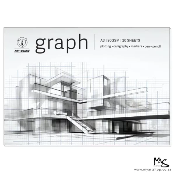 There is a single A3 Artboard Graph Pad shown horizontally across the center of the frame. The pad is a light grey colour and has a picture of a building that is drawn using a graph grid. The word 'graph' is printed at the top of the pad with the Artboard logo to the left of it. The drawing is black and white pencil. The image is center of the frame and on a white background.