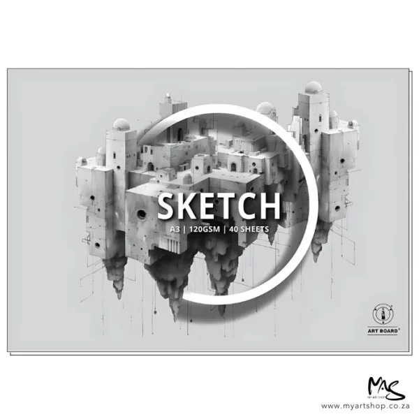 There is a single A3 Artboard Sketch Pad shown horizontally across the center of the frame. The pad is a light grey colour and has a picture of a building in the center of the pad. The word 'sketch' is printed at the center of the pad with the Artboard logo in the bottom left hand corner of the pad. The drawing is black and white pencil. The image is center of the frame and on a white background.