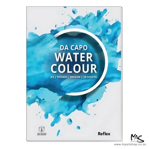 There is a single A3 Reflex Da Capo Watercolour Pad vertically in the center of the frame. The pad is white and has bright blue splashes of colour on the cover. There is a half white circle outline in the top center of the pad, with the words 'Da Capo Water colour' inside the circle. The image is center of the frame and on a white background.