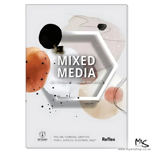 A single A3 Reflex Mixed Media Pad is shown vertically in the center of the frame. The pad is portrait. The pad is white with some black and orange round shapes with a hexagon in the center of the frame around the words 'Mixed Media' It is an abstract cover. The pad is center of the frame and on a white background.