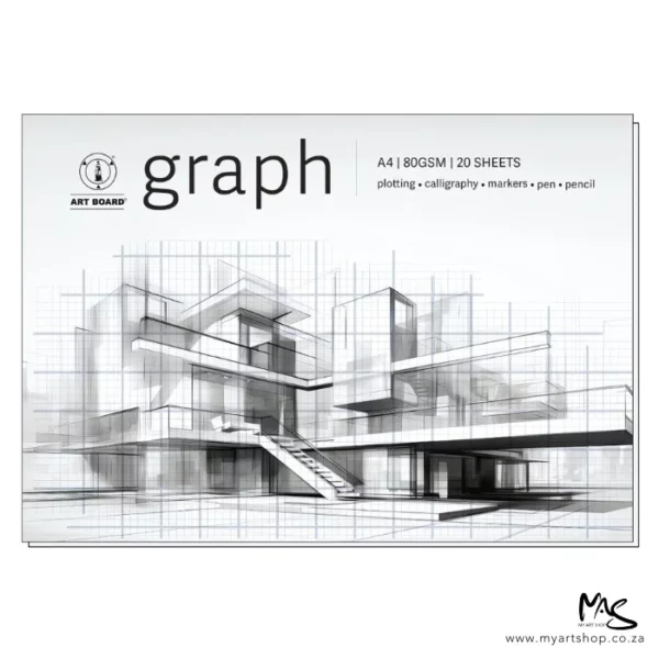 There is a single A4 Artboard Graph Pad shown horizontally across the center of the frame. The pad is a light grey colour and has a picture of a building that is drawn using a graph grid. The word 'graph' is printed at the top of the pad with the Artboard logo to the left of it. The drawing is black and white pencil. The image is center of the frame and on a white background.