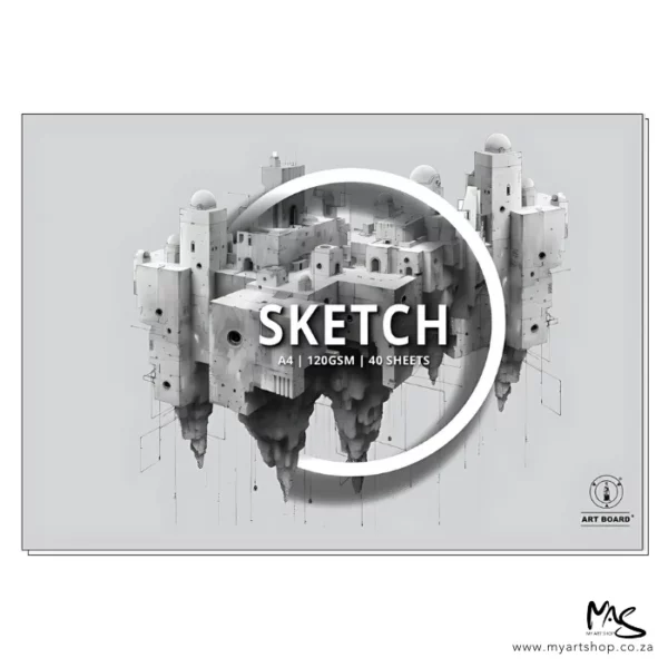 There is a single A4 Artboard Sketch Pad shown horizontally across the center of the frame. The pad is a light grey colour and has a picture of a building in the center of the pad. The word 'sketch' is printed at the center of the pad with the Artboard logo in the bottom left hand corner of the pad. The drawing is black and white pencil. The image is center of the frame and on a white background.