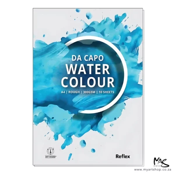 There is a single A4 Reflex Da Capo Watercolour Pad vertically in the center of the frame. The pad is white and has bright blue splashes of colour on the cover. There is a half white circle outline in the top center of the pad, with the words 'Da Capo Water colour' inside the circle. The image is center of the frame and on a white background.