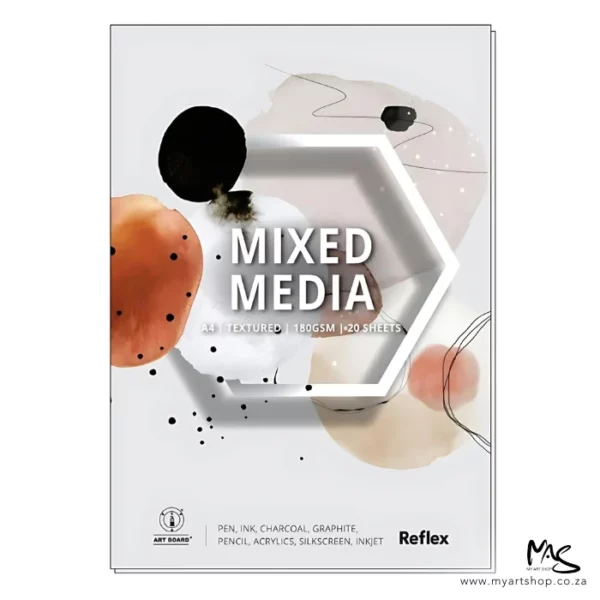 A single A4 Reflex Mixed Media Pad is shown vertically in the center of the frame. The pad is portrait. The pad is white with some black and orange round shapes with a hexagon in the center of the frame around the words 'Mixed Media' It is an abstract cover. The pad is center of the frame and on a white background.