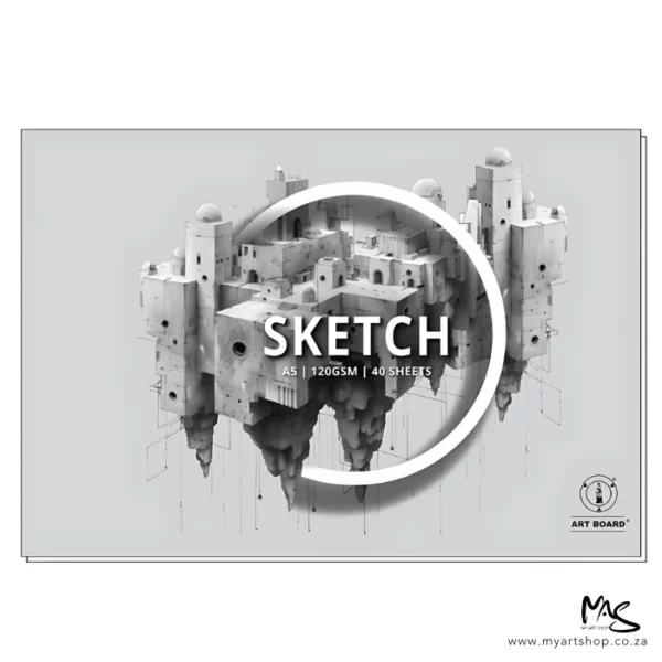 There is a single A5 Artboard Sketch Pad shown horizontally across the center of the frame. The pad is a light grey colour and has a picture of a building in the center of the pad. The word 'sketch' is printed at the center of the pad with the Artboard logo in the bottom left hand corner of the pad. The drawing is black and white pencil. The image is center of the frame and on a white background.