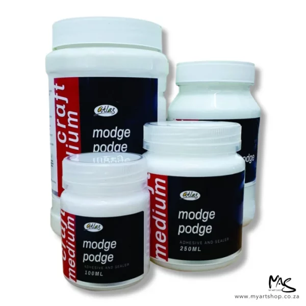 There are 4 plastic bottles with Atlas Modge Podge in different sizes. The bottles are clear and have a white screw on lid with a black label around the body of each bottle that has white text. The image is center of the frame and on a white background.