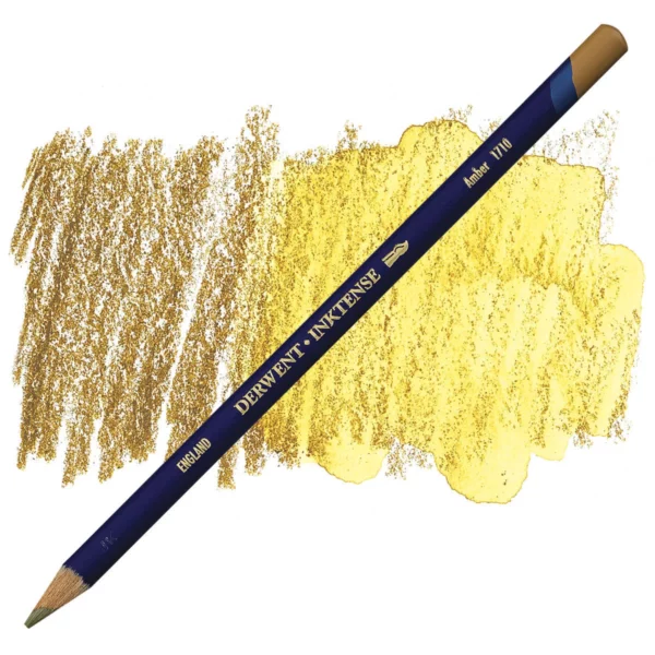 A single Amber Derwent Inktense Colour Pencil is shown diagonally across the center of the frame. The pencil is pointing with it's lead facing towards the bottom left hand corner. The barrel of the pencil is blue and the end of the pencil is colour dipped to match the colour of the lead for easy identification. There is text down the barrel of the pencil with the colour name and brand name. There is a colour swatch of the pencil in the background, that runs horizontally across the center of the frame. The image is center of the frame and on a white background.