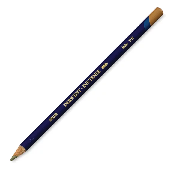 A single Amber Derwent Inktense Colour Pencil is shown diagonally across the center of the frame. The pencil is pointing with it's lead facing towards the bottom left hand corner. The barrel of the pencil is blue and the end of the pencil is colour dipped to match the colour of the lead for easy identification. There is text down the barrel of the pencil with the colour name and brand name. On a white background.