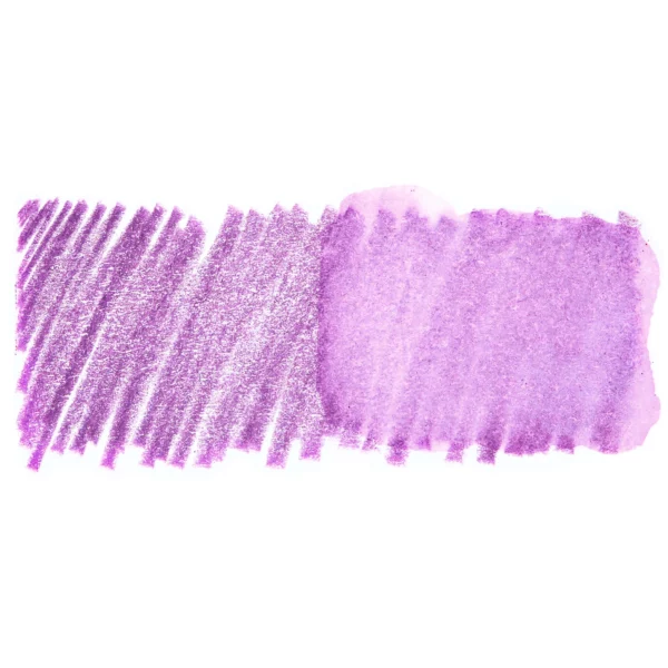 A swatch of a Amethyst Derwent Inktense Colour Pencil can be seen horizontally, across the center of the frame. On a white background.