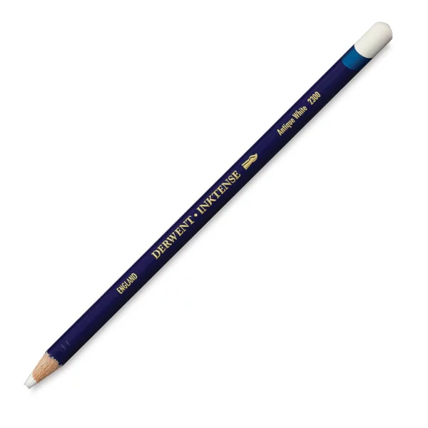 A single Antique White Derwent Inktense Colour Pencil is shown diagonally across the center of the frame. The pencil is pointing with it's lead facing towards the bottom left hand corner. The barrel of the pencil is blue and the end of the pencil is colour dipped to match the colour of the lead for easy identification. There is text down the barrel of the pencil with the colour name and brand name. On a white background.