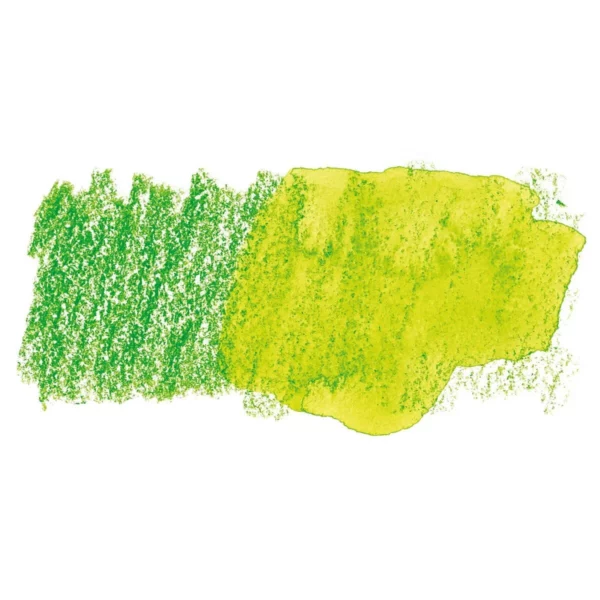 A swatch of a Apple Green Derwent Inktense Colour Pencil can be seen horizontally, across the center of the frame. On a white background.