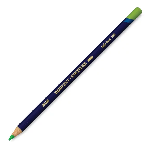 A single Apple Green Derwent Inktense Colour Pencil is shown diagonally across the center of the frame. The pencil is pointing with it's lead facing towards the bottom left hand corner. The barrel of the pencil is blue and the end of the pencil is colour dipped to match the colour of the lead for easy identification. There is text down the barrel of the pencil with the colour name and brand name. On a white background.