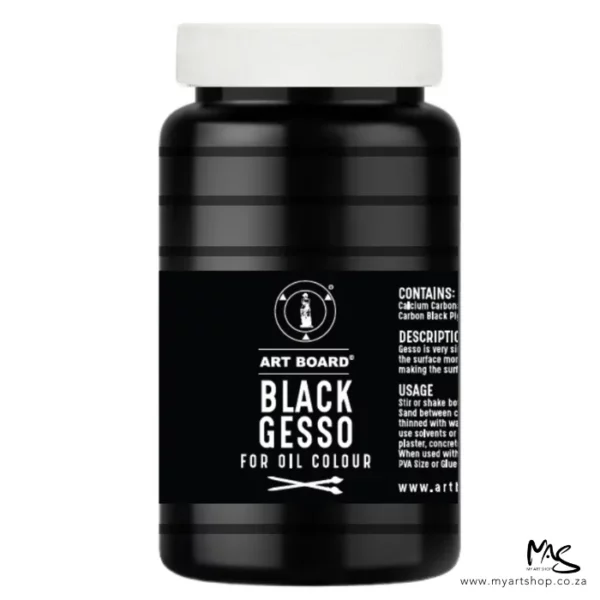 There is a single tub of Artboard Black Gesso 1 liter shown vertically in the center of the frame. The tub is clear plastic and you can see the black gesso inside. There is a black label around the body of the tub with white text that describes the product and has the brand name and logo printed on it. It has a white screw on lid. The image is center of the frame and on a white background.