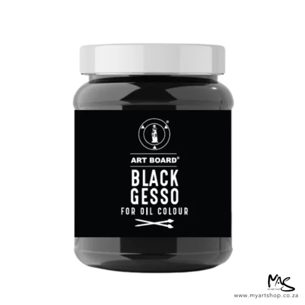 There is a single tub of Artboard Black Gesso 500ml shown vertically in the center of the frame. The tub is clear plastic and you can see the black gesso inside. There is a black label around the body of the tub with white text that describes the product and has the brand name and logo printed on it. It has a white screw on lid. The image is center of the frame and on a white background.