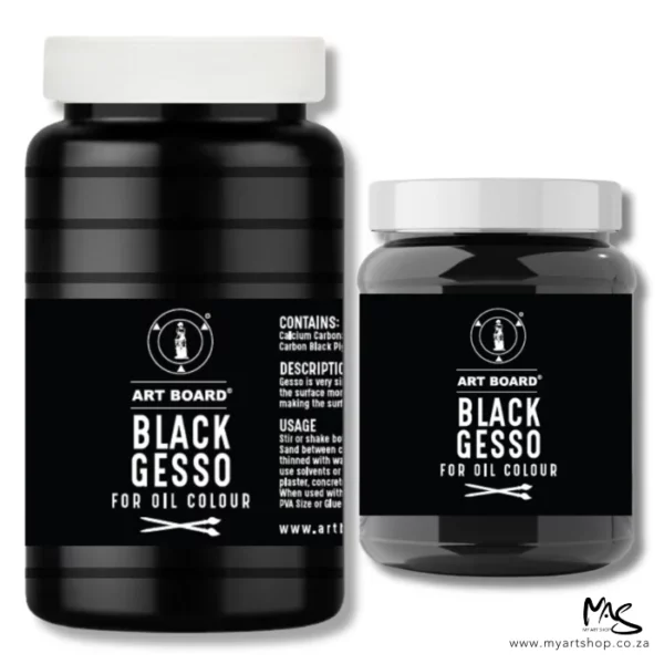 There are 2 tubs of Artboard Black Gesso shown vertically in the center of the frame. The tubs are clear plastic and you can see the black gesso inside. There is a black label around the body of each tub with white text that describes the product and has the brand name and logo printed on it. They have a white screw on lid. The image is center of the frame and on a white background.