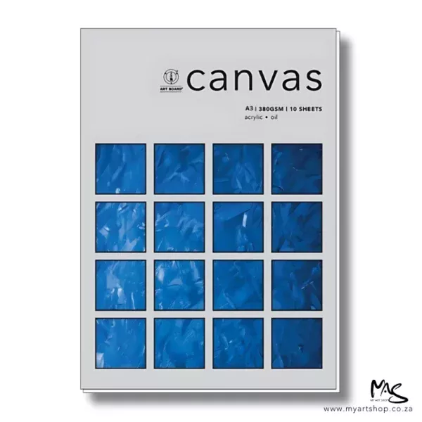 There is a single A3 Artboard Canvas Pad 380gsm shown in the center of the frame. The pad is standing vertically in the center of the frame. The pad is grey and has a small amount of black text in the top right hand corner. There are 16 blocks on the cover that are blue paint and show some texture. The image is on a white background.