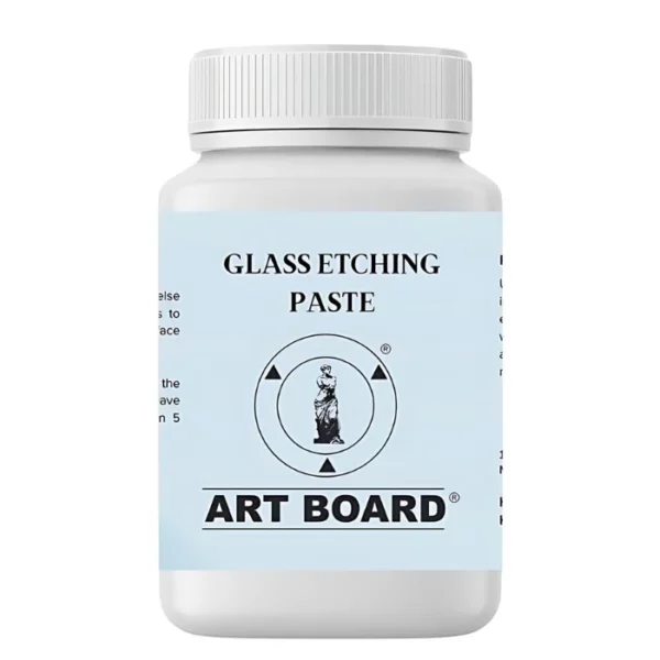 A single bottle of Artboard Glass Etching Paste 100ml is shown standing vertically in the center of the frame. The bottle is clear plastic with a white screw on lid and a blue printed label around the body of the bottle. The label is blue with the Artboard logo in the center and instructions and precautions printed. The image is center of the frame and on a white background.