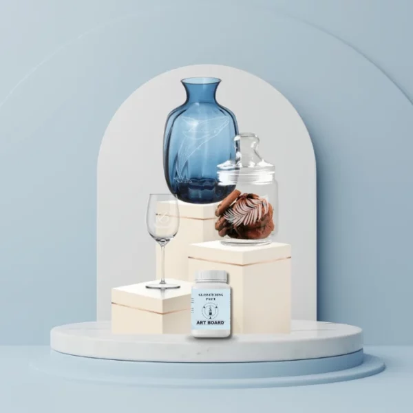 A promotional image for Artboard Glass Etching Paste. There is a podium with various projects that have been made using the paste and a bottle of the paste is shown at the front. With a blue background.