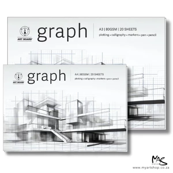 There are 2 Artboard Graph Pads shown horizontally across the center of the frame. The pads are a light grey colour and have a picture of a building that is drawn using a graph grid. The word 'graph' is printed at the top of each pad with the Artboard logo to the left of it. The drawing is black and white pencil. The image is center of the frame and on a white background. The larger pad is shown at the back and the smaller pad is overlapping it.