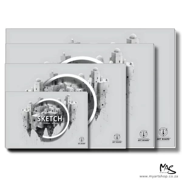 There are 4 different sized Artboard Sketch Pads shown horizontally in the center of the frame. The largest pad is at the back and the smallest pad is in the front. The pads are a light grey colour and have a picture of a building in the center of each pad. The word 'sketch' is printed at the center of the pad with the Artboard logo in the bottom left hand corner of the pad. The drawing is black and white pencil. On a white background.