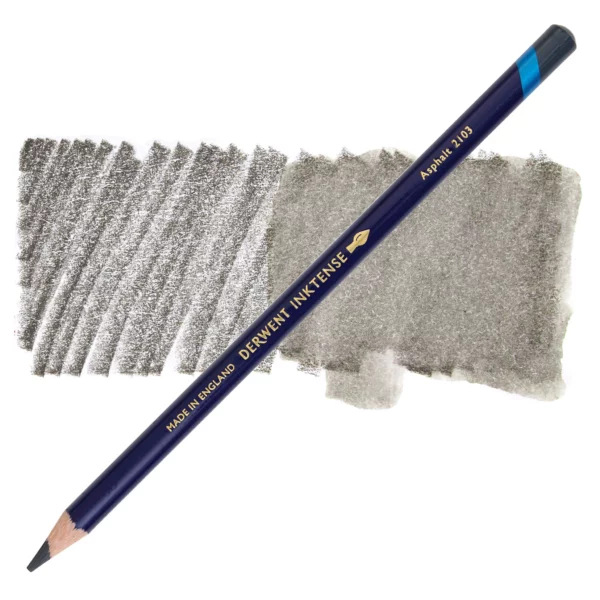 A single Asphalt Derwent Inktense Colour Pencil is shown diagonally across the center of the frame. The pencil is pointing with it's lead facing towards the bottom left hand corner. The barrel of the pencil is blue and the end of the pencil is colour dipped to match the colour of the lead for easy identification. There is text down the barrel of the pencil with the colour name and brand name. There is a colour swatch of the pencil in the background, that runs horizontally across the center of the frame. The image is center of the frame and on a white background.