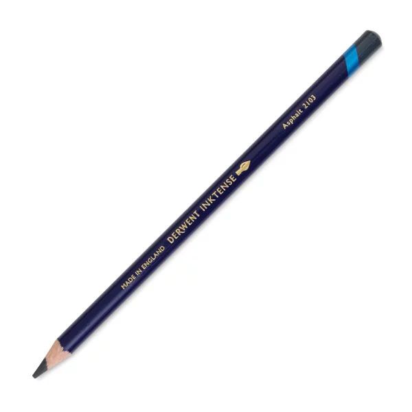 A single Asphalt Derwent Inktense Colour Pencil is shown diagonally across the center of the frame. The pencil is pointing with it's lead facing towards the bottom left hand corner. The barrel of the pencil is blue and the end of the pencil is colour dipped to match the colour of the lead for easy identification. There is text down the barrel of the pencil with the colour name and brand name. On a white background.